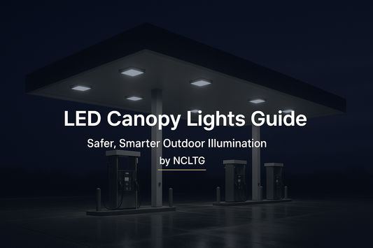 Photoreal image of a commercial fueling canopy at dusk illuminated by NCLTG LED canopy lights with clean rectangular fixtures and even light distribution under a dark gradient overlay.