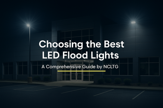 Cover image showing LED flood lights illuminating a commercial building exterior with balanced night lighting.