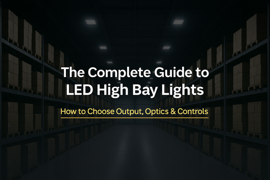 Cover image for NCLTG’s Complete Guide to LED High Bay Lights with centered title and subtitle ‘How to Choose Output, Optics & Controls’ over a clean warehouse background.