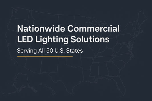 Blank United States outline (with Alaska and Hawaii insets) on a dark background behind the page title, representing NCLTG’s nationwide commercial LED lighting coverage across all 50 states.