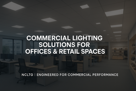 panoramic cover image blending office and retail interiors with NCLTG LED panel and downlight fixtures, featuring dark overlay and text “Office & Retail Lighting Solutions by NCLTG.