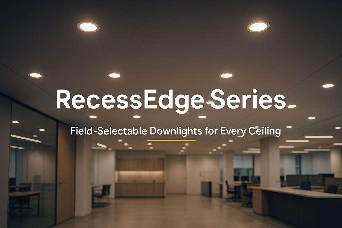 Photoreal image of recessed LED commercial downlights from NCLTG’s RecessEdge Series evenly spaced across a clean ceiling with warm-neutral illumination.