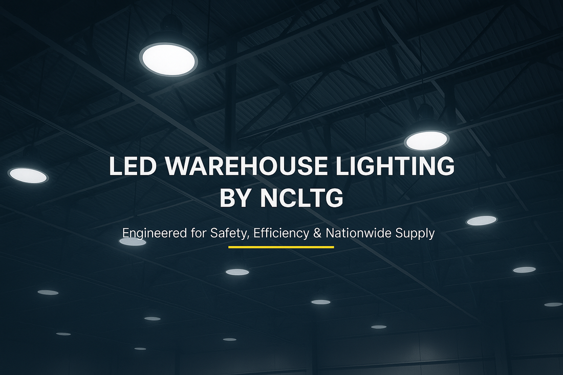 View of a warehouse ceiling with rows of LED high bay lights by NCLTG, showing bright, even illumination for nationwide warehouse lighting solutions.