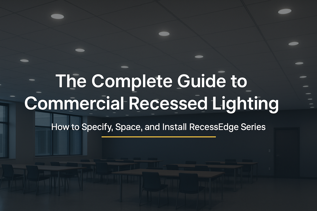 Photoreal cover image of a modern commercial ceiling with evenly spaced recessed LED downlights, dark gradient overlay, and article title text “The Complete Guide to Commercial Recessed Lighting – How to Specify, Space, and Install RecessEdge Series.”