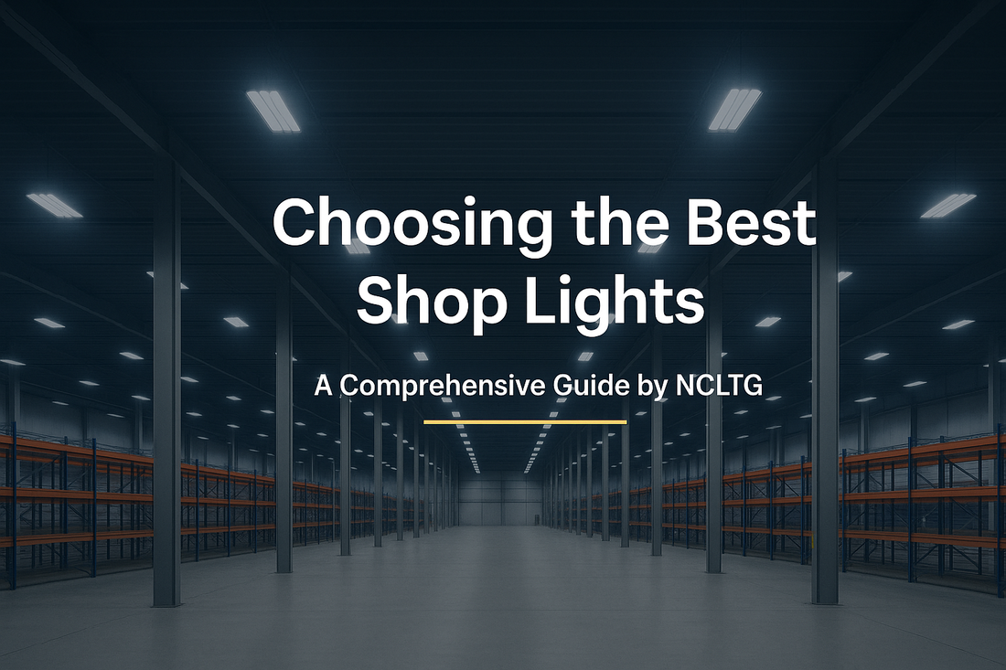 Modern warehouse interior with bright LED shop lights illuminating work areas evenly.