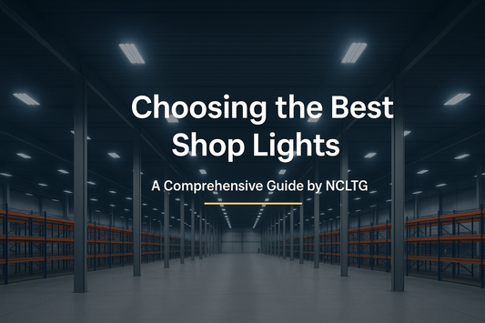 Modern warehouse interior with bright LED shop lights illuminating work areas evenly.