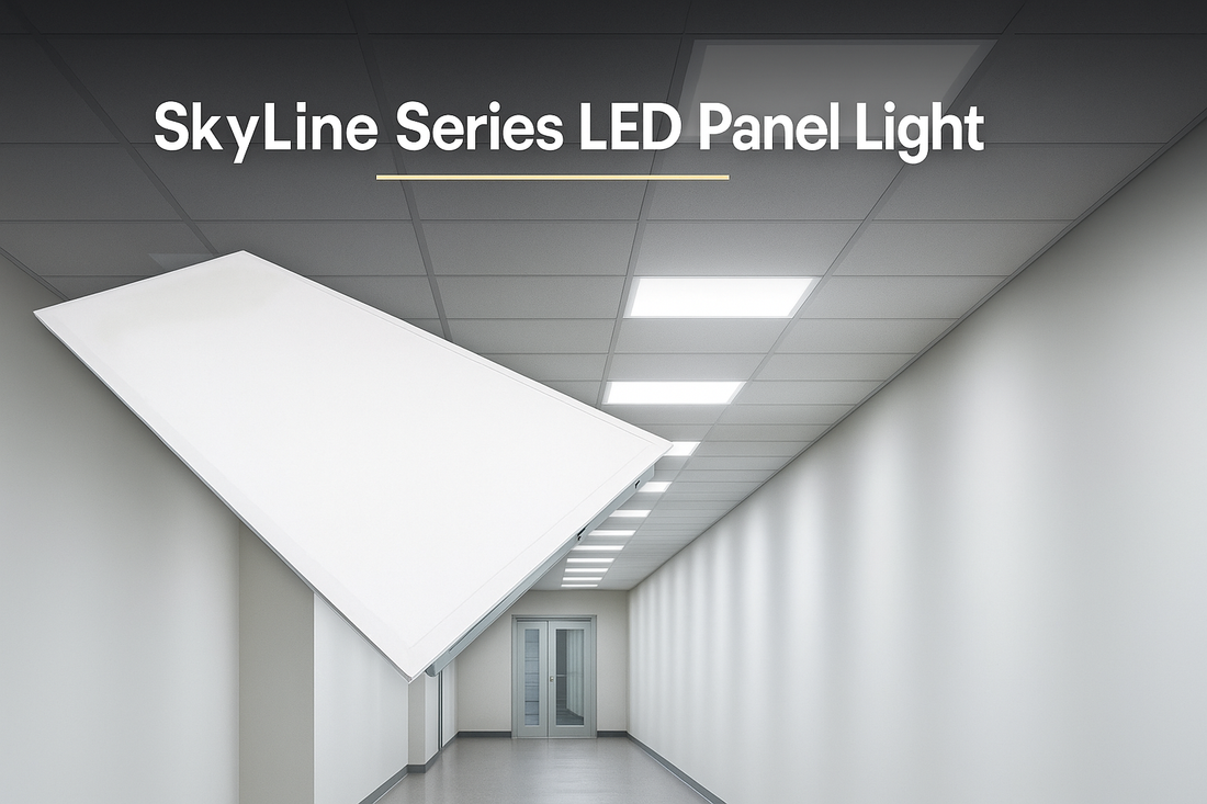 SkyLine Series LED panel lights recessed in a 2×2/2×4 drop-ceiling, casting bright, uniform, low-glare illumination; blog cover with dark edge gradient and title overlay.