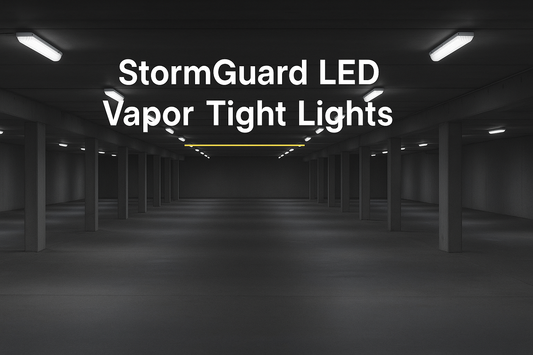 StormGuard LED vapor tight light with prismatic lens mounted in a parking garage, providing bright, uniform, low-glare illumination; blog cover with dark gradient and title overlay.