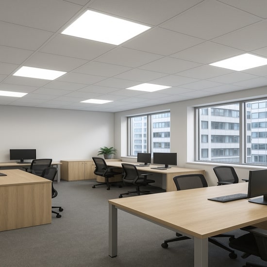 Modern office interior featuring NCLTG LED panel lights installed in a grid ceiling, providing bright and uniform illumination.