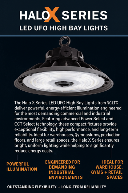 Infographic introducing the Halo X Series LED UFO High Bay Lights from NCLTG. These compact, high-output fixtures feature Power Select and CCT Select technologies for on-site customization, delivering uniform, energy-efficient illumination for warehouses, gymnasiums, production floors, and large retail spaces. Designed for demanding commercial and industrial environments, Halo X Series high bays combine advanced flexibility with long-term reliability while helping reduce operating and maintenance costs.