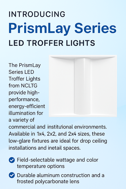 Infographic introducing PrismLay Series LED Troffer Lights from NCLTG: low-glare fixtures in 1x4, 2x2, and 2x4 sizes with field-selectable wattage and color temperature, a frosted polycarbonate lens, and durable aluminum construction. DLC Premium certified for rebates and efficiency, PrismLay troffers suit drop-ceiling installations in offices, classrooms, healthcare facilities, and retail spaces.