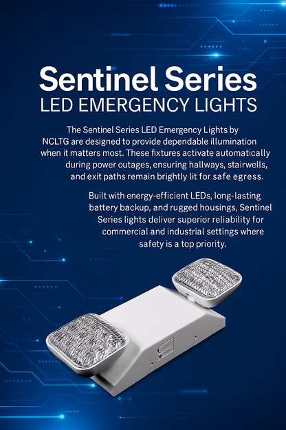 Infographic describing the Sentinel Series LED Emergency Lights by NCLTG: designed for dependable performance in critical safety applications; automatic activation during power outages ensures continuous hallway, stairwell, and exit illumination; energy-efficient LEDs deliver bright, reliable lighting; long-lasting battery backup supports safe egress; rugged housings withstand tough commercial and industrial conditions; and trusted NCLTG engineering provides code compliance and reliable long-term operation.