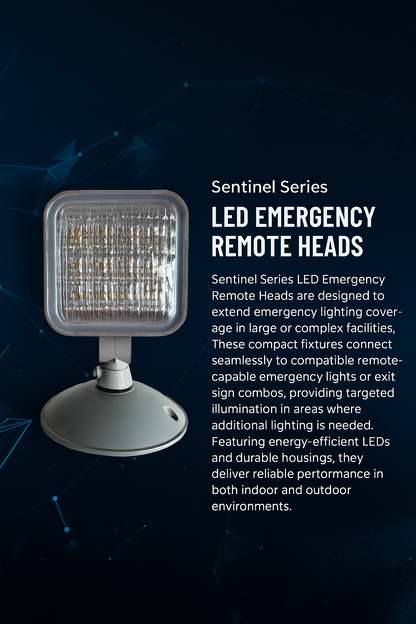 Infographic describing the Sentinel Series LED Emergency Remote Heads by NCLTG: designed to extend emergency lighting coverage in larger or more complex facilities; compatible with remote-capable emergency lights and exit sign combos; compact, low-profile form for targeted illumination in key areas; energy-efficient LED technology ensures bright, reliable output with low power use; durable housings withstand demanding applications.