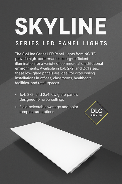 Infographic introducing SkyLine Series LED Panel Lights from NCLTG: available in 1x4, 2x2, and 2x4, with selectable wattage and CCT, a low-glare frosted lens, and durable aluminum construction. DLC Premium certified for rebates and efficiency—ideal for drop ceilings in offices, schools, healthcare, and retail—delivering dependable performance and energy savings.