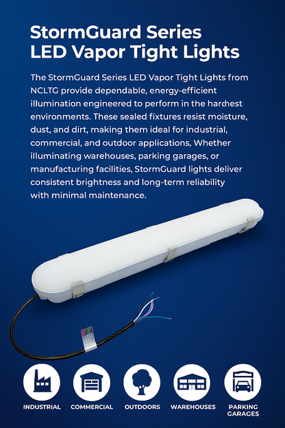 Infographic introducing StormGuard Series LED Vapor Tight Lights from NCLTG. Designed for the harshest environments, these sealed fixtures resist moisture, dust, and dirt, delivering consistent, energy-efficient illumination with minimal maintenance. Ideal for warehouses, parking garages, and manufacturing facilities, StormGuard fixtures provide durable, long-lasting performance in industrial, commercial, and outdoor applications.