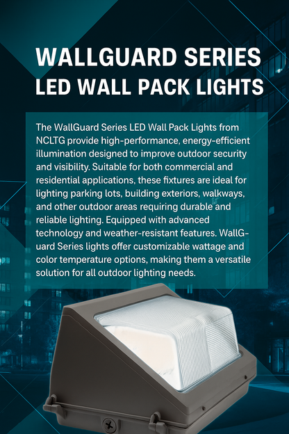 Infographic describing the WallGuard Series LED Wall Pack Lights by NCLTG: high-performance, energy-efficient fixtures for outdoor security and visibility; suitable for commercial and residential applications such as parking areas, building perimeters, and walkways; customizable wattage and color temperature options to meet project needs; uniform, glare-controlled illumination for safer, more comfortable spaces; durable, weather-resistant construction for long-lasting performance.