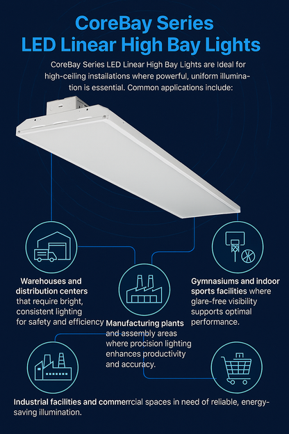 Infographic showing typical applications for CoreBay Series LED Linear High Bay Lights from NCLTG, including warehouses and distribution centers, gymnasiums and indoor sports facilities, manufacturing plants and assembly areas, large retail environments and showrooms, and other high-ceiling industrial/commercial spaces that require powerful, uniform, energy-efficient illumination.