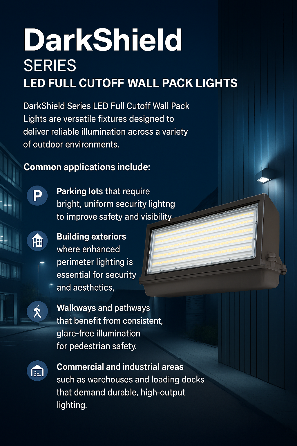 Infographic illustrating applications for DarkShield Series LED Full Cutoff Wall Pack Lights by NCLTG: deliver bright, uniform, glare-controlled lighting for parking lots; enhance security and curb appeal along building perimeters; provide consistent pedestrian illumination on walkways and pathways; withstand demanding commercial and industrial areas such as warehouses and loading docks; and offer long-lasting, energy-efficient lighting for residential exteriors, including driveways and gardens.