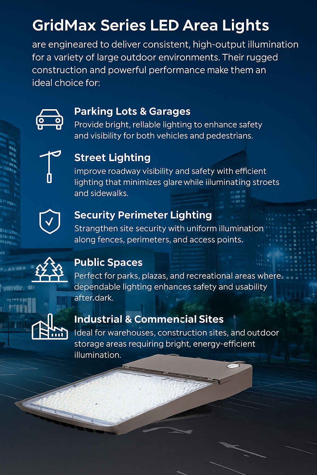 Infographic illustrating the applications of the GridMax Series LED Area Lights by NCLTG: engineered for consistent, high-output illumination across large outdoor environments; enhance safety in parking lots and garages with bright, reliable light for vehicles and pedestrians; improve roadway visibility with efficient street and sidewalk lighting that minimizes glare; strengthen site protection with uniform security perimeter coverage.