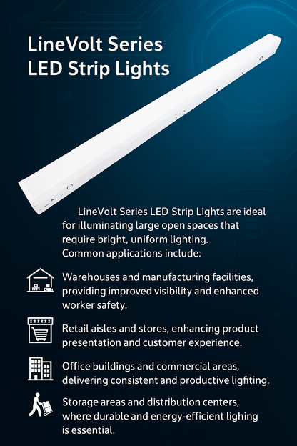 Infographic showing applications for LineVolt Series LED Strip Lights from NCLTG. Designed for large open spaces, these fixtures deliver bright, uniform illumination for warehouses and manufacturing facilities, retail aisles and stores, office buildings and commercial areas, and storage areas and distribution centers. With selectable wattages, tunable color temperatures, and durable construction, LineVolt strip lights provide energy-efficient, long-lasting performance in demanding environments.