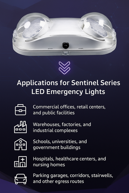 Infographic showcasing the applications of Sentinel Series LED Emergency Lights by NCLTG: commercial offices, retail centers, and public facilities rely on dependable emergency illumination; warehouses, factories, and industrial complexes require large-scale safety lighting; schools, universities, and government buildings need reliable egress coverage; hospitals, healthcare centers, and nursing homes demand backup lighting for critical operations; and parking garages, corridors, stairwells, and more.