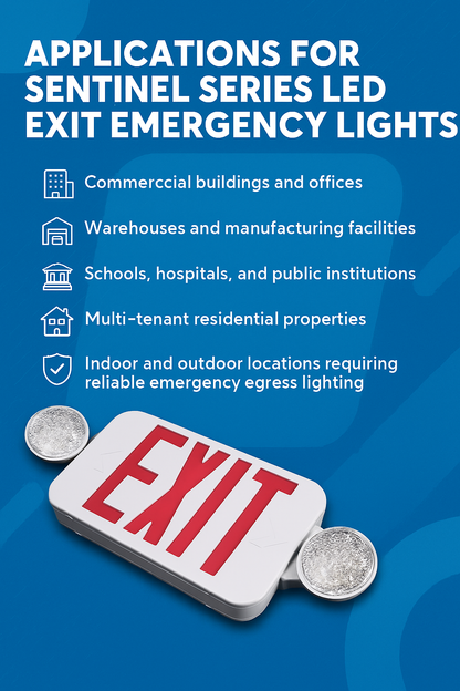 Infographic showcasing applications of Sentinel Series LED Exit Emergency Lights by NCLTG: commercial buildings and offices benefit from dual-purpose signage and lighting; warehouses and manufacturing facilities rely on backup illumination for safety; schools, hospitals, and public institutions ensure reliable egress guidance during power outages; multi-tenant residential properties provide safe evacuation routes; and indoor/outdoor rated models deliver dependable performance across diverse environments.
