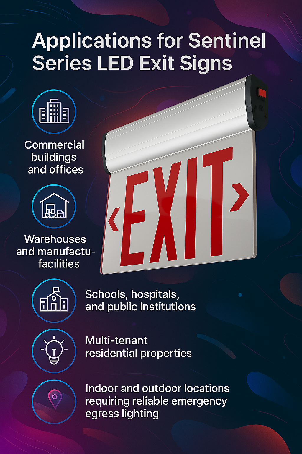 Infographic illustrating the applications of Sentinel Series LED Exit Signs by NCLTG: commercial buildings and offices rely on clear, compliant exit signage; warehouses and manufacturing facilities prioritize worker safety with dependable egress lighting; schools, hospitals, and public institutions require reliable guidance during outages; multi-tenant residential properties benefit from safe egress for residents and guests.