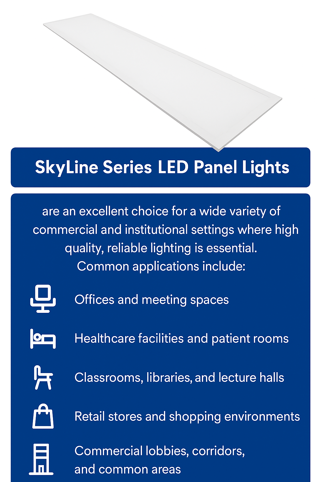 Infographic showing applications for SkyLine Series LED Panel Lights from NCLTG. Designed for drop ceiling installations, these panels are ideal for offices and meeting spaces, healthcare facilities and patient rooms, classrooms, libraries, and lecture halls, retail stores and shopping environments, as well as commercial lobbies, corridors, and other common areas requiring reliable, high-quality illumination.