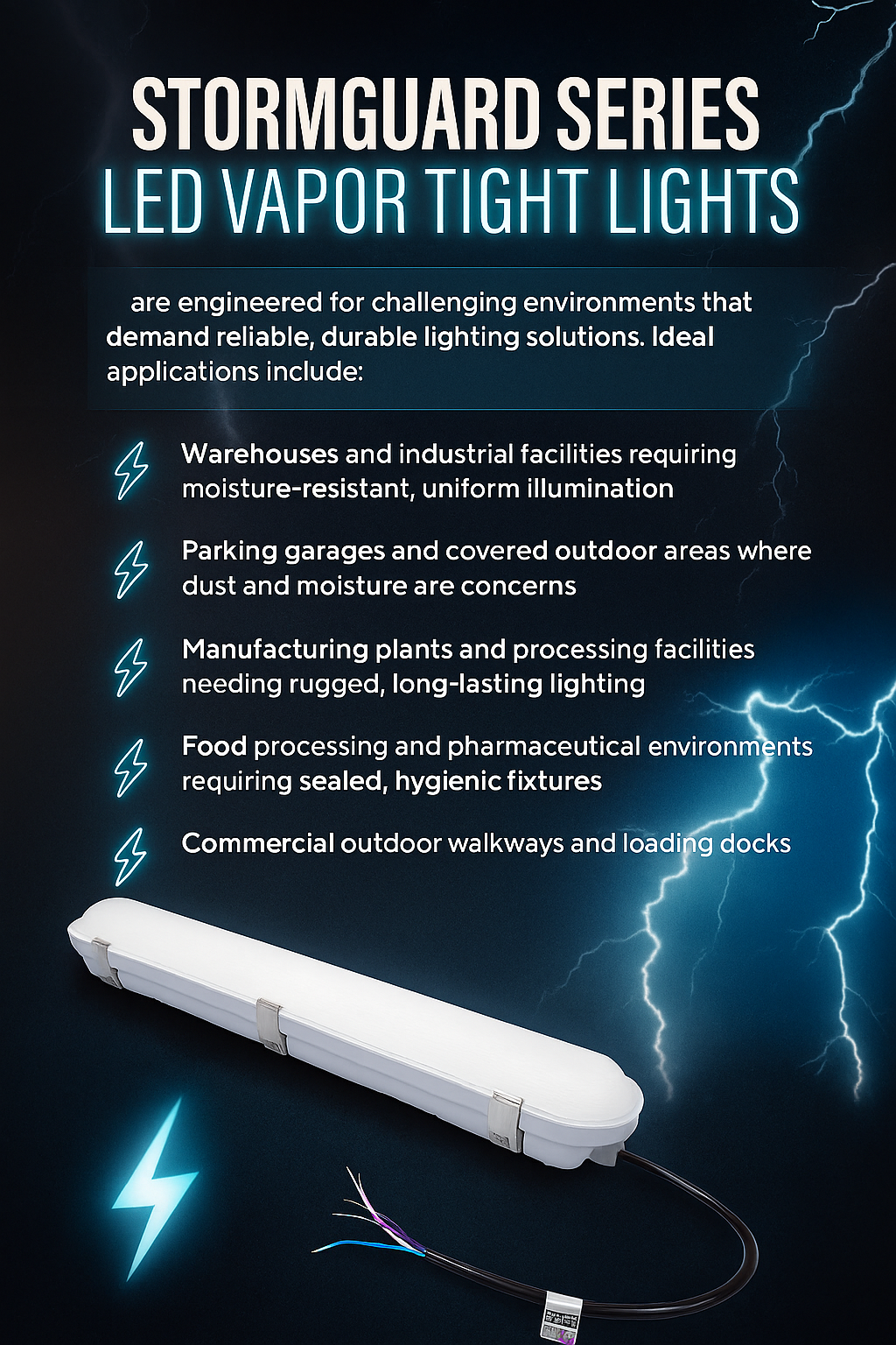 Infographic showing applications for StormGuard Series LED Vapor Tight Lights from NCLTG. Designed for harsh conditions, these sealed fixtures provide reliable illumination for warehouses and industrial facilities, parking garages and covered outdoor areas, manufacturing and processing plants, food processing and pharmaceutical environments, and commercial walkways and loading docks. Built to resist moisture, dust, and contaminants, StormGuard fixtures ensure long-term performance in demanding applications.