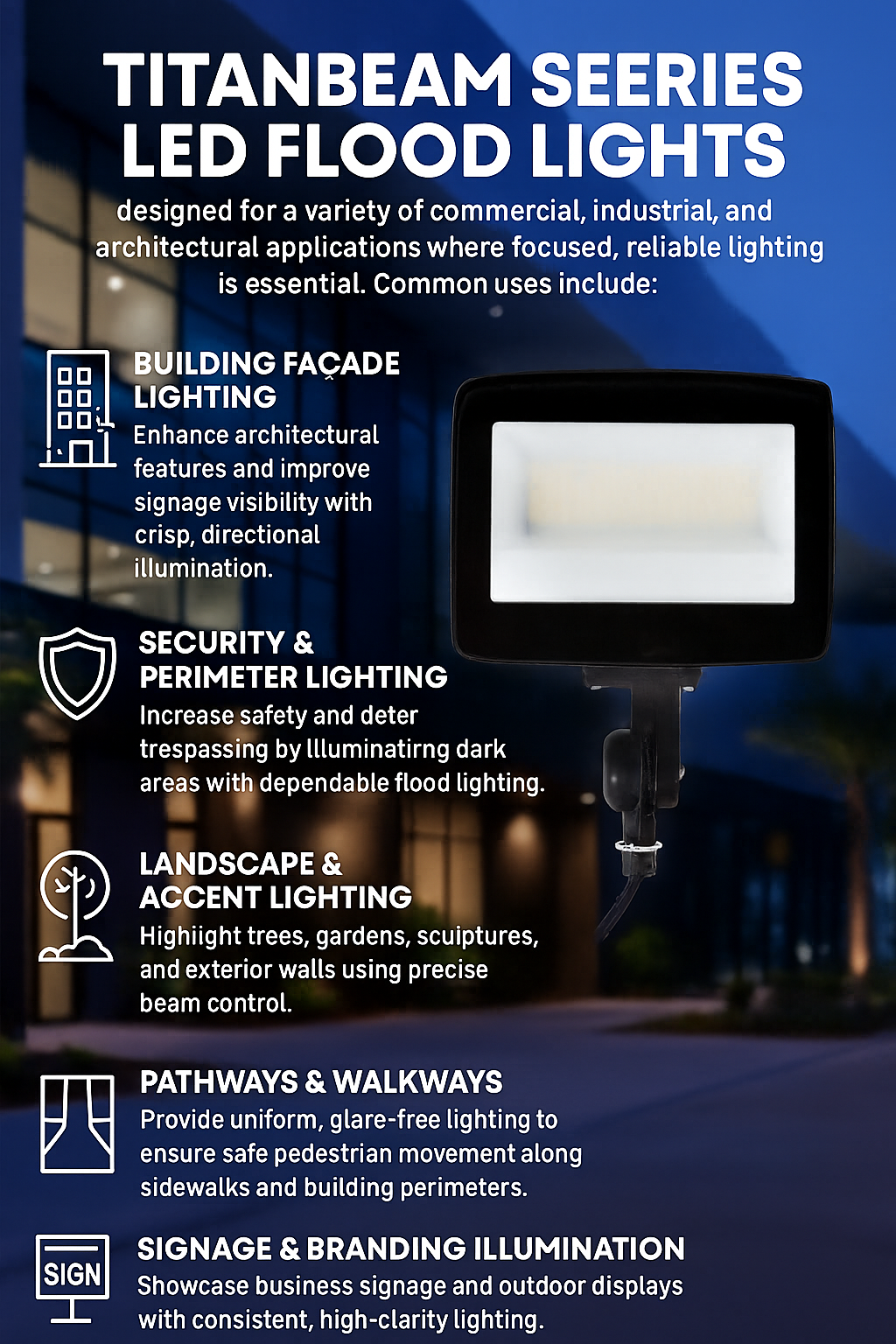 Infographic illustrating applications for TitanBeam Series LED Flood Lights by NCLTG: deliver precise, high-output lighting for building façades and architectural accents; strengthen site security with dependable perimeter illumination; elevate landscapes by highlighting trees, gardens, sculptures, and exterior walls; ensure safe pedestrian movement with uniform, glare-controlled lighting along pathways and walkways; and showcase business signage and outdoor branding with consistent illumination.