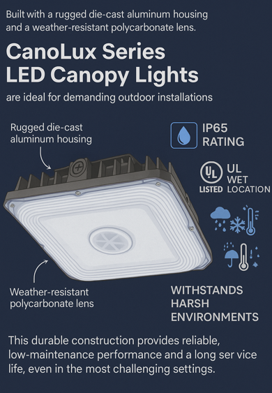 Infographic highlighting the durable, weather-resistant construction of NCLTG CanoLux Series LED canopy lights with die-cast aluminum housing, polycarbonate lens, IP65 rating, and UL wet-location certification for long, low-maintenance outdoor performance.