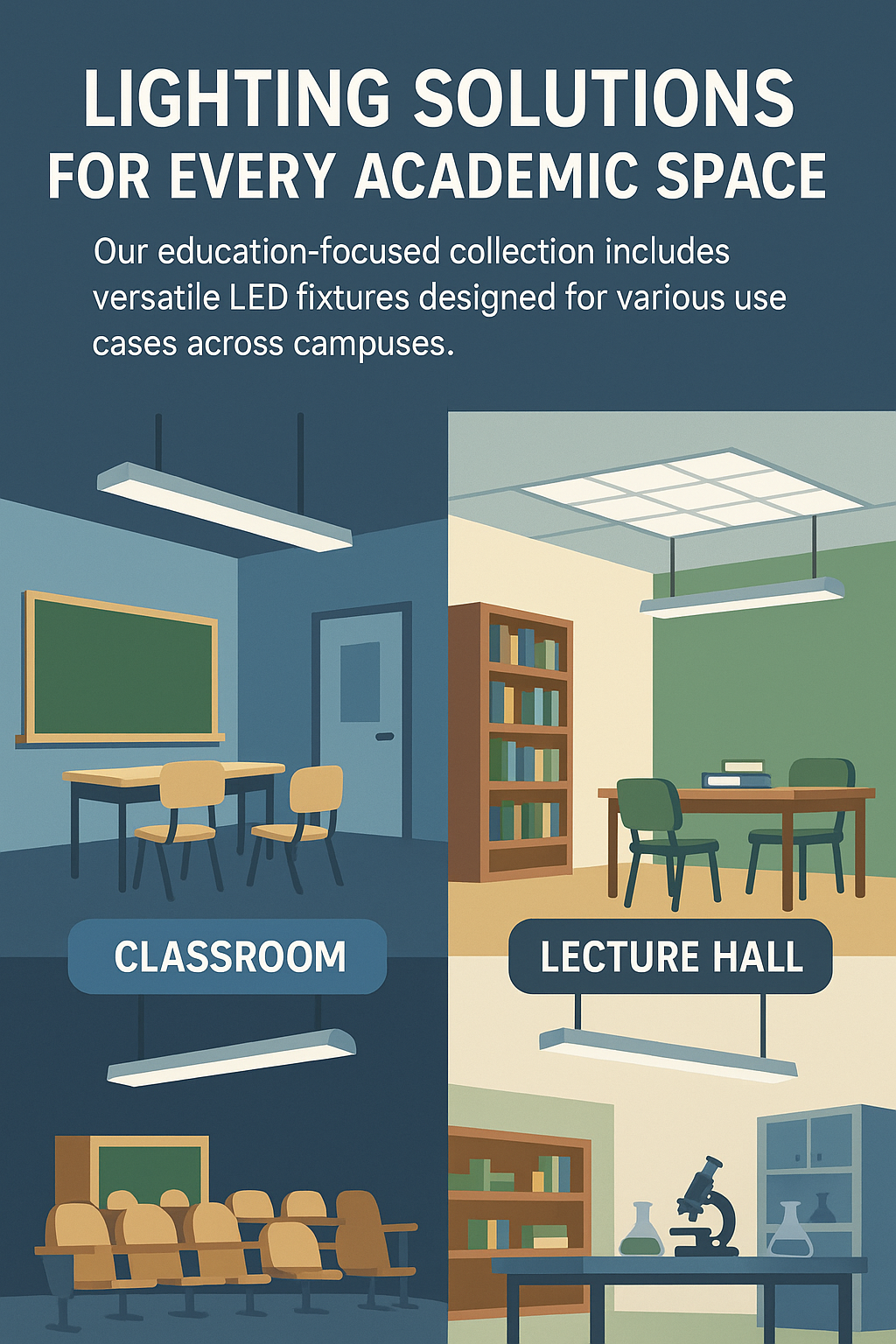 Infographic showing NCLTG education lighting solutions for classrooms, lecture halls, corridors, administrative offices, and other campus spaces with versatile LED fixtures tailored for academic environments.