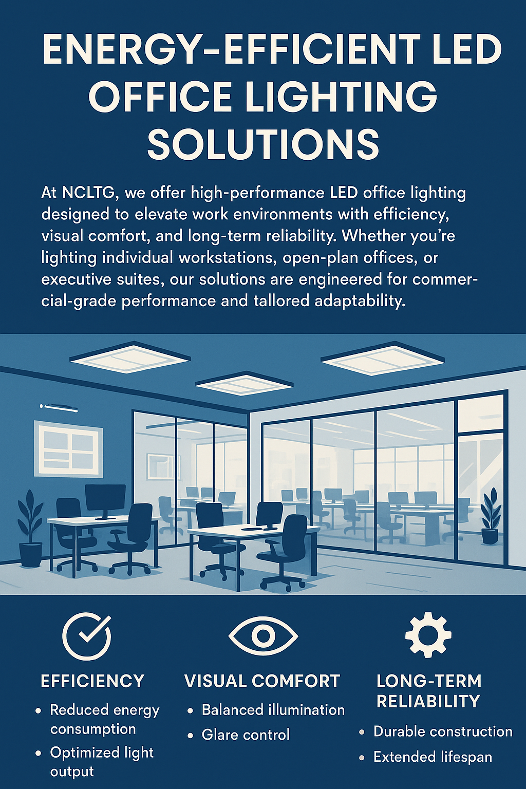 Infographic highlighting NCLTG energy-efficient LED office lighting solutions engineered for visual comfort, efficiency, and long-term reliability in workstations, open-plan offices, and executive suites.