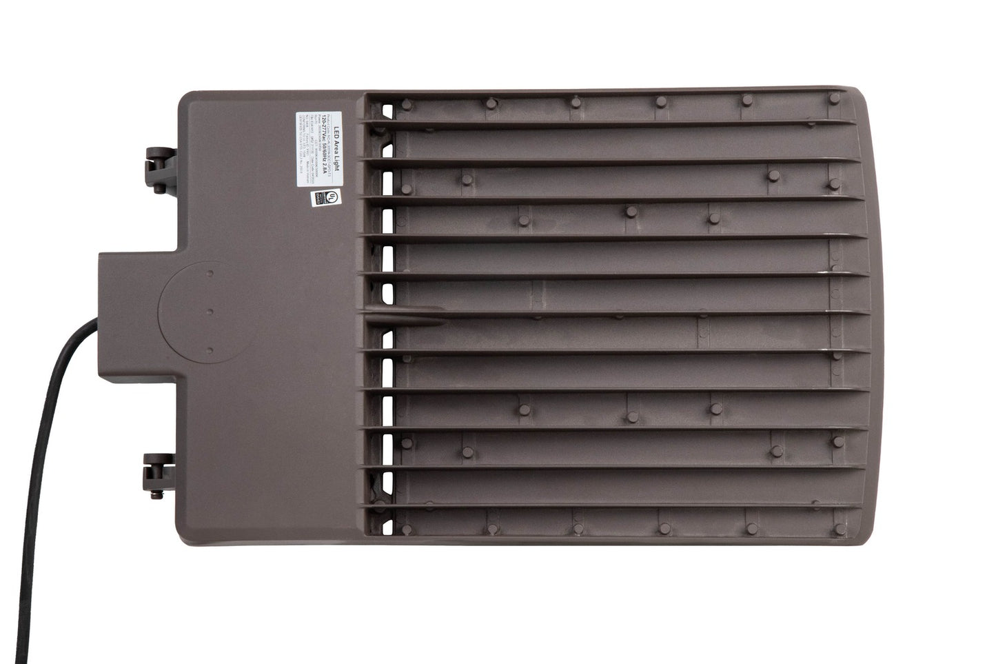 Bronze GridMax Series LED Area Light back view highlighting heat-dissipating fins and connected power cable