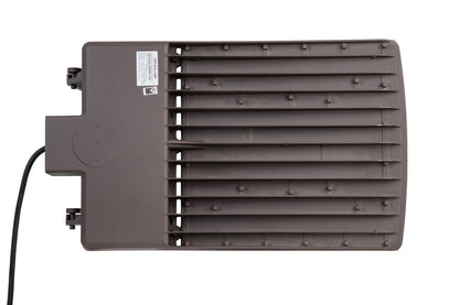 Bronze GridMax Series LED Area Light back view highlighting heat-dissipating fins and connected power cable
