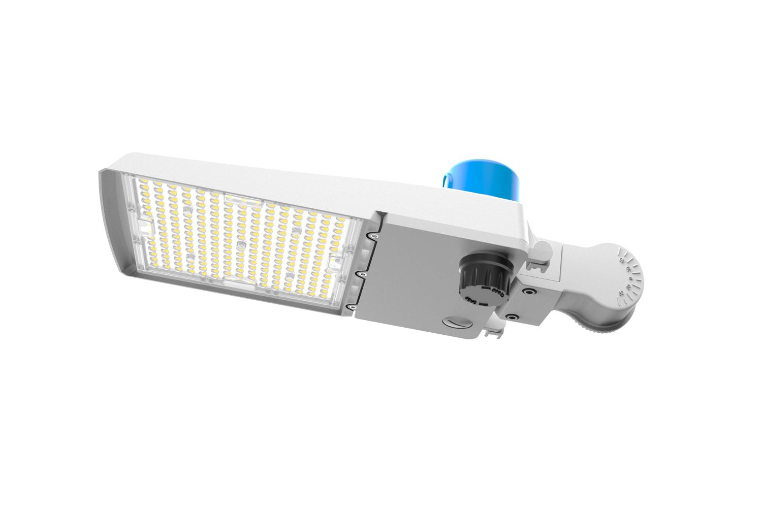 White GridMax Series LED Area Light with photocell base providing automatic dusk-to-dawn lighting control for outdoor applications