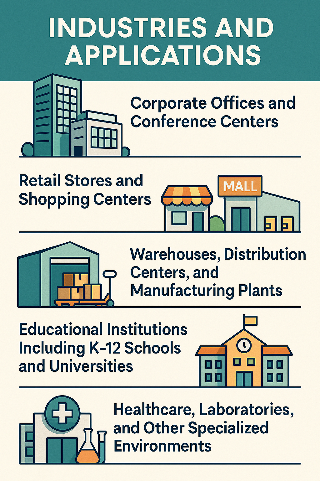 Infographic showing industries and applications for NCLTG indoor LED fixtures, including corporate offices and conference centers, retail stores and shopping centers, warehouses, distribution centers and manufacturing plants, educational institutions from K–12 to universities, and healthcare, laboratories, and other specialized environments.