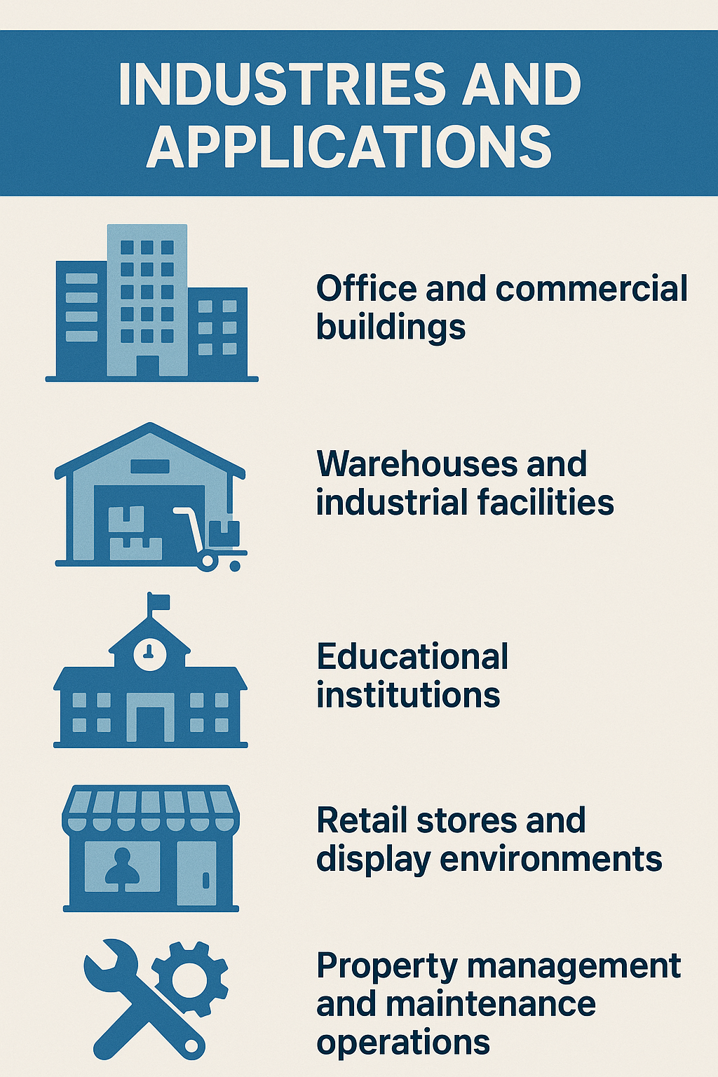 Infographic showing industries and applications for NCLTG LED light bulbs including offices, warehouses, industrial facilities, schools, retail stores, display environments, and property management operations.