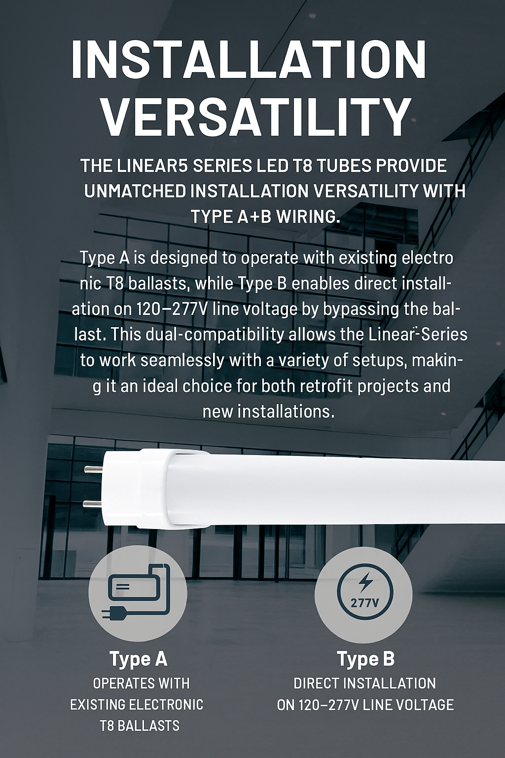 Infographic explaining installation flexibility for Linear5 Series LED T8 Tubes: dual-mode (Type A+B) operation supports fast, plug-and-play retrofits with existing electronic T8 ballasts or direct 120–277V line-voltage wiring via ballast-bypass; adaptable for both retrofit and new construction; fewer SKUs required thanks to selectable wattage and tunable CCT; and clear product labeling aids quick, accurate setup.