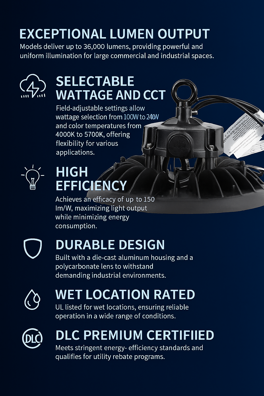 Infographic detailing the key features of Halo X Series LED UFO High Bay Lights from NCLTG. These fixtures deliver up to 36,000 lumens of powerful, uniform illumination, with selectable wattages from 100W to 240W and color temperatures between 4000K and 5700K for application-specific flexibility. Built with a die-cast aluminum housing and polycarbonate lens, they achieve up to 150 lm/W for maximum efficiency and are UL wet-location rated for reliable performance in demanding environments.