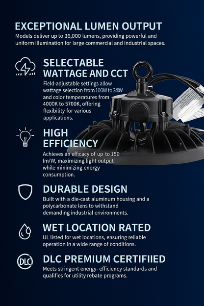 Infographic detailing the key features of Halo X Series LED UFO High Bay Lights from NCLTG. These fixtures deliver up to 36,000 lumens of powerful, uniform illumination, with selectable wattages from 100W to 240W and color temperatures between 4000K and 5700K for application-specific flexibility. Built with a die-cast aluminum housing and polycarbonate lens, they achieve up to 150 lm/W for maximum efficiency and are UL wet-location rated for reliable performance in demanding environments.