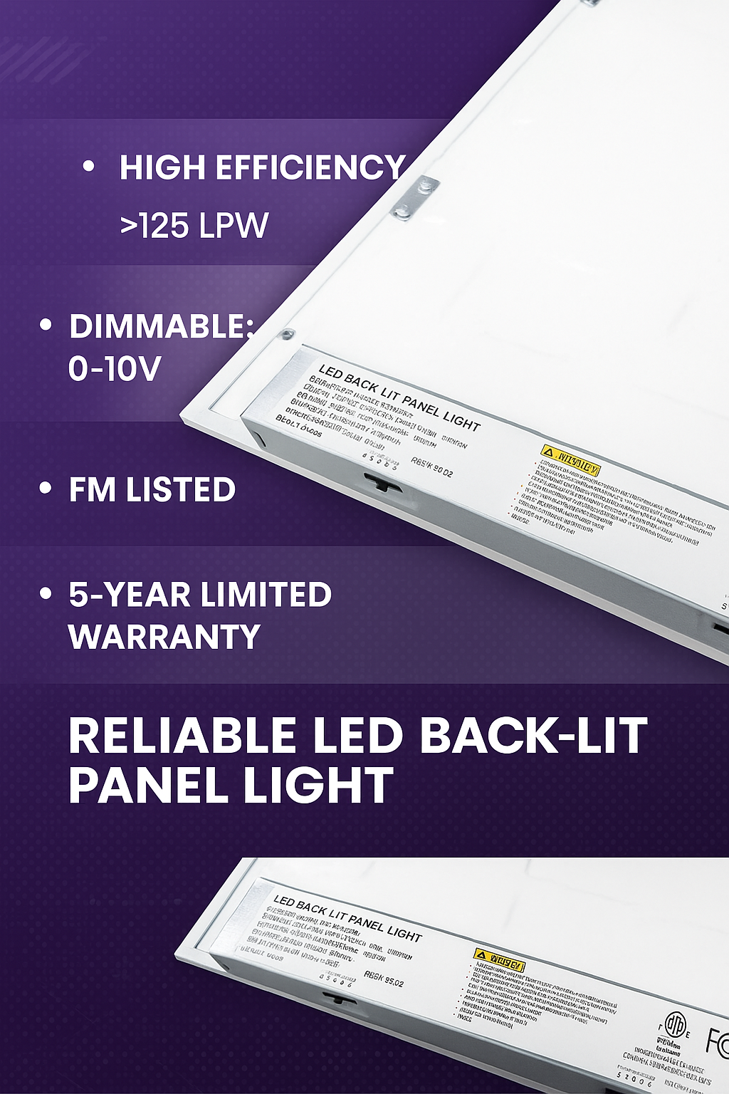 Infographic detailing key features of SkyLine Series LED Panel Lights from NCLTG, including 15–72W selectable wattage, tunable 3500K–6500K color temperatures, DLC Premium and ETL certifications for rebate eligibility and compliance, sensor-ready design for occupancy/daylight controls, and an optional 90-minute emergency battery backup for code-compliant egress lighting.