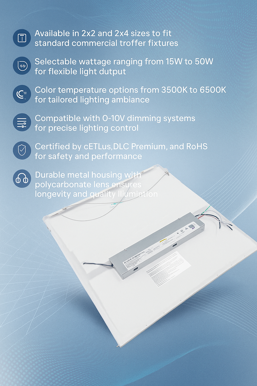 Infographic highlighting key features of the SnapFit Series LED Troffer Retrofit Kits by NCLTG: available in standard 2x2 and 2x4 sizes to fit commercial troffers; selectable wattages from 15W to 50W for flexible lumen output; adjustable color temperatures from 3500K to 6500K to suit task and ambiance; 0–10V dimming compatibility for precise control; certifications including cETLus, DLC Premium, and RoHS for safety, rebate eligibility, and compliance; and a durable metal housing with a polycarbonate lens.