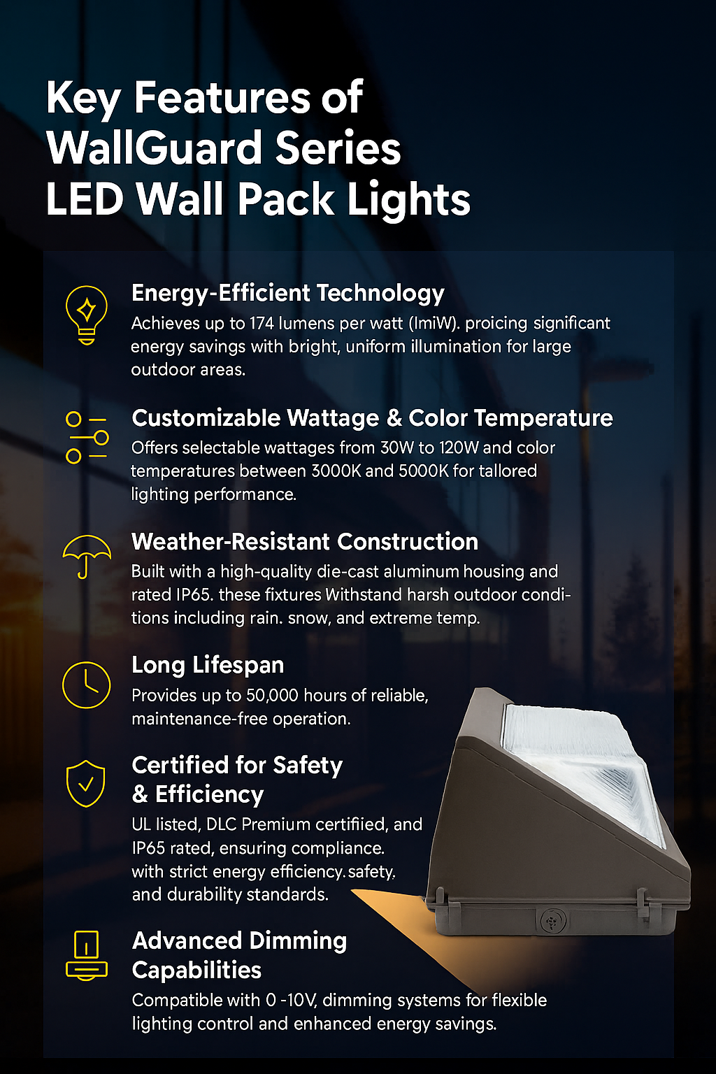 Infographic highlighting key features of the WallGuard Series LED Wall Pack Lights by NCLTG: industry-leading efficacy up to 174 lm/W for brighter light at lower cost; selectable wattages from 30W to 120W and color temperatures between 3000K and 5000K for project-specific performance; rugged, weather-resistant die-cast aluminum housing with IP65 protection for reliable outdoor operation; long L70 life up to 50,000 hours to minimize maintenance; certifications including UL listing and DLC Premium.