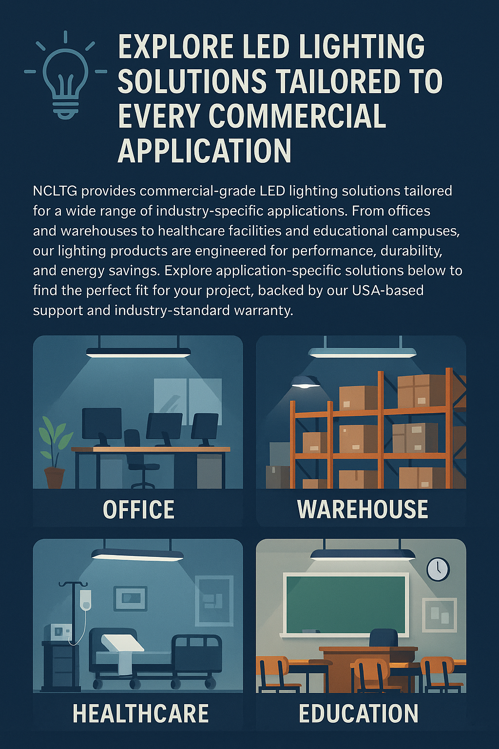 Infographic highlighting NCLTG LED lighting solutions tailored for commercial applications including offices, warehouses, healthcare facilities, and educational campuses, engineered for performance, durability, and energy efficiency with USA-based support and warranty.