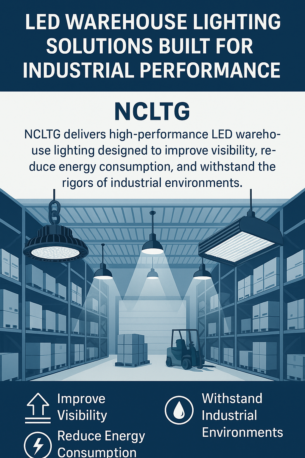 Infographic highlighting NCLTG LED warehouse lighting solutions engineered for industrial performance, with dependable illumination to improve visibility, reduce energy use, and withstand harsh environments such as high ceilings and damp locations.