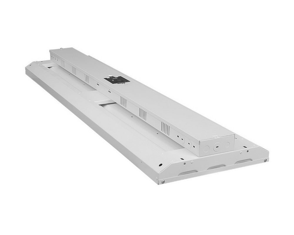 Angled back view of NCLTG CoreBay Series 4-Foot LED Linear High Bay Light showing durable metal housing, mounting brackets, and integrated LED driver for industrial applications