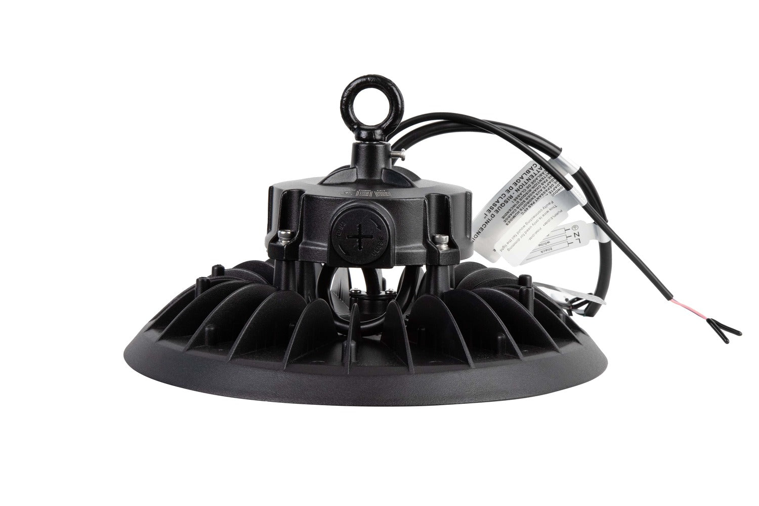 Alternate side view of the NCLTG Halo X Series LED UFO High Bay Light with visible whip and 0–10V dimming wires positioned on the right side