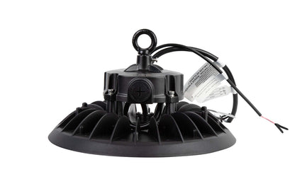 Alternate side view of the NCLTG Halo X Series LED UFO High Bay Light with visible whip and 0–10V dimming wires positioned on the right side
