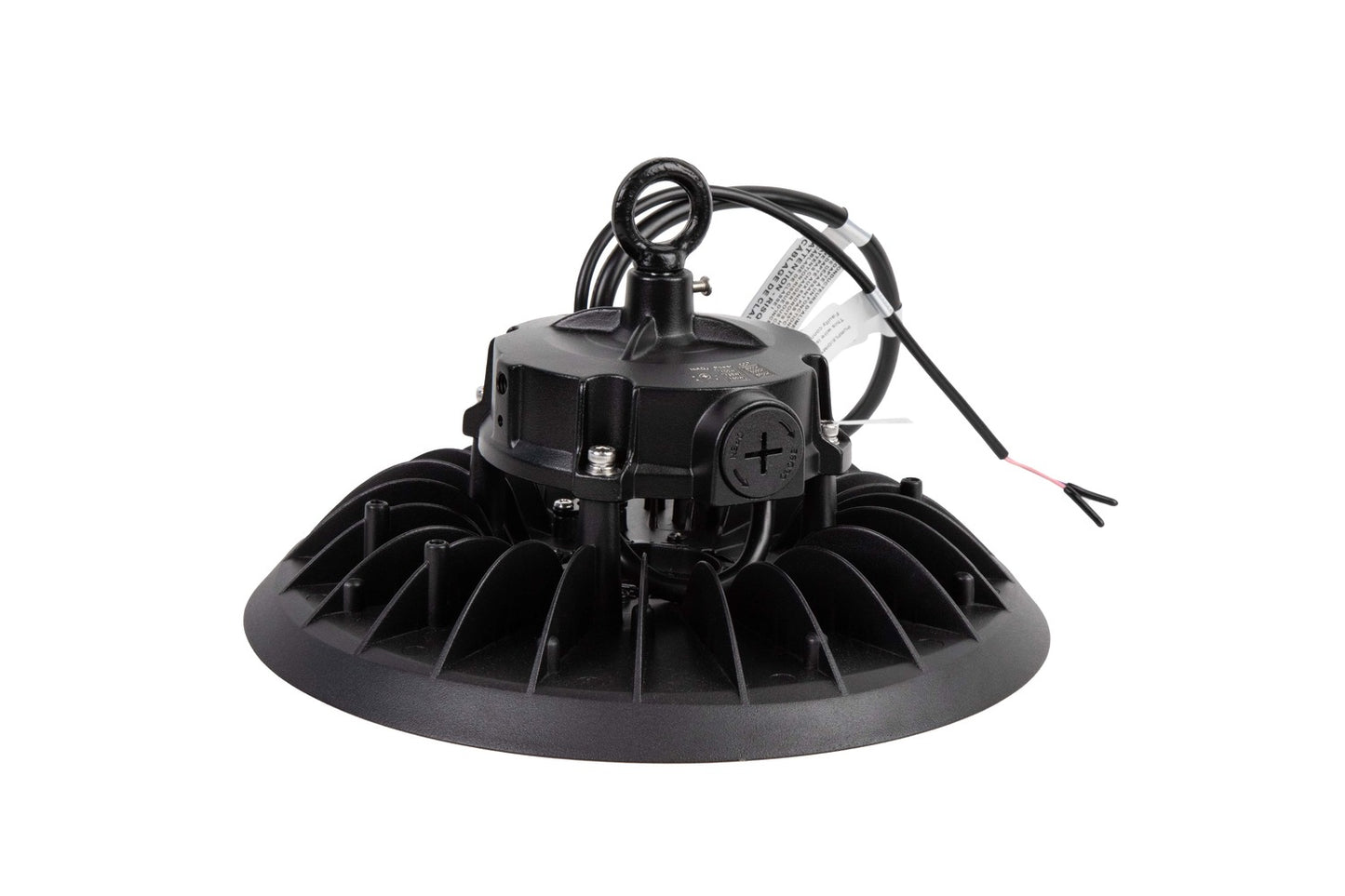 Rear view of NCLTG Halo X Series LED UFO High Bay Light featuring durable ring mount and 6-foot whip for flexible industrial installation
